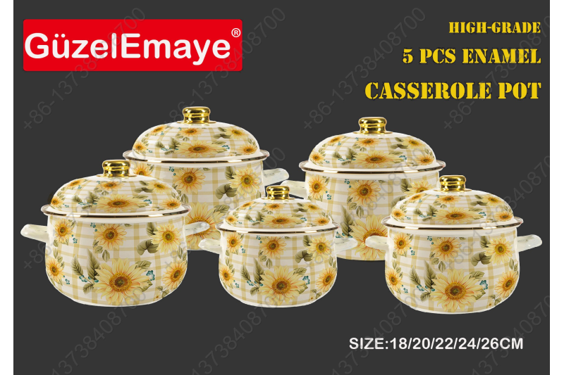 18/20/22/24/26cm 5 Pcs Enamel Casserole Pot With Decal Designs And Enamel Cover & Golden Knobs & Rim