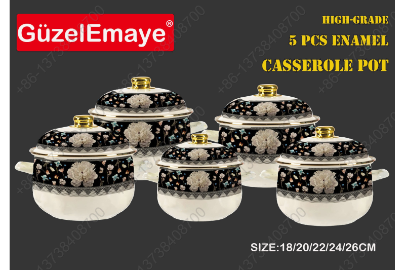 18/20/22/24/26cm 5 Pcs Enamel Casserole Pot With Decal Designs And Enamel Cover & Golden Knobs & Rim
