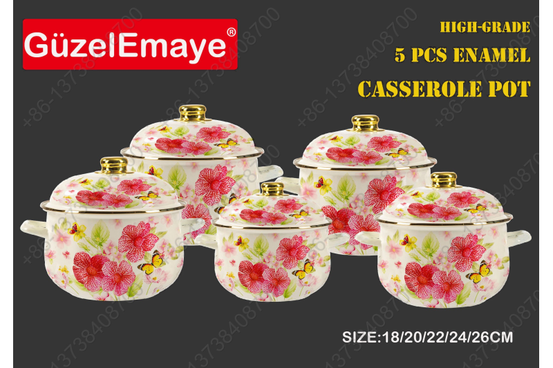 18/20/22/24/26cm 5 Pcs Enamel Casserole Pot With Decal Designs And Enamel Cover & Golden Knobs & Rim