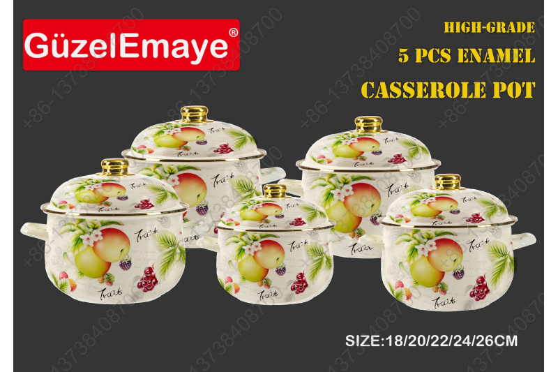 18/20/22/24/26cm 5 Pcs Enamel Casserole Pot With Decal Designs And Enamel Cover & Golden Knobs & Rim