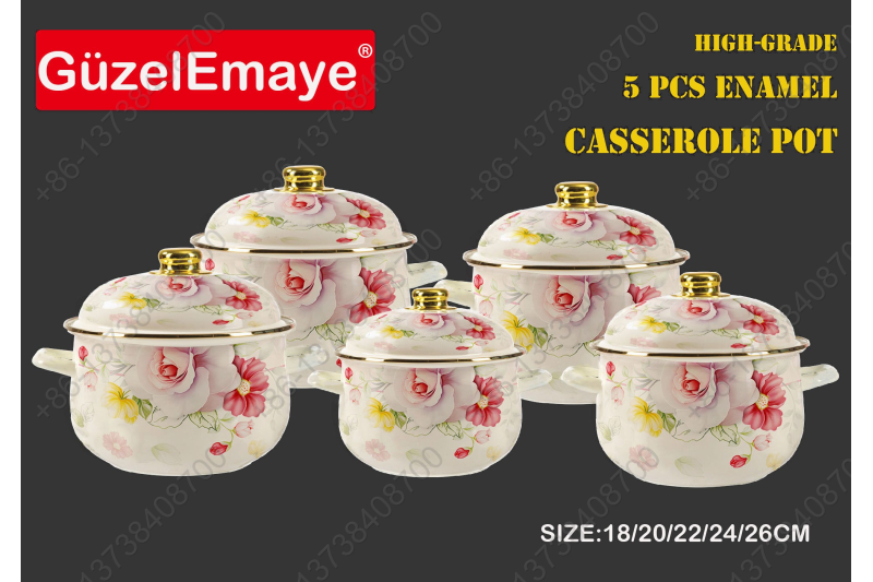 18/20/22/24/26cm 5 Pcs Enamel Casserole Pot With Decal Designs And Enamel Cover & Golden Knobs & Rim