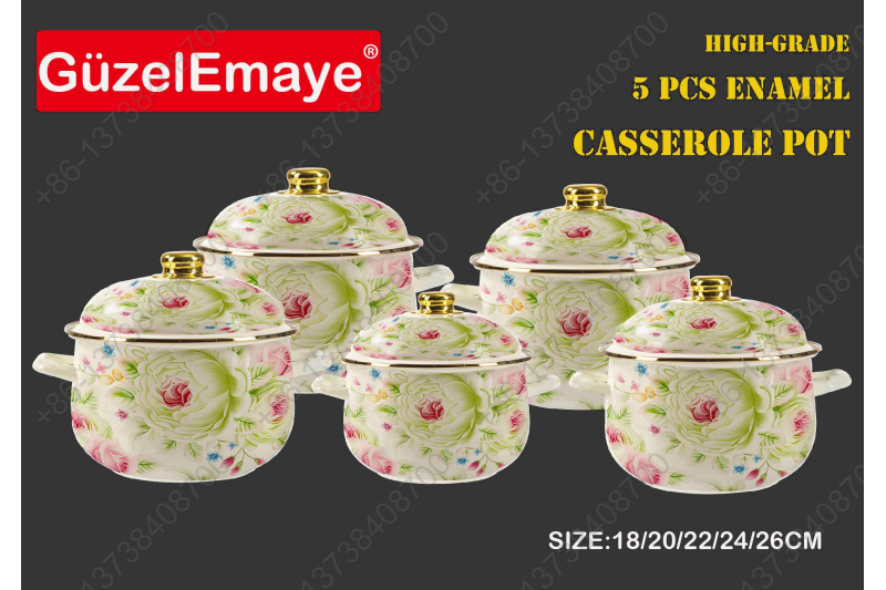 18/20/22/24/26cm 5 Pcs Enamel Casserole Pot With Decal Designs And Enamel Cover & Golden Knobs & Rim