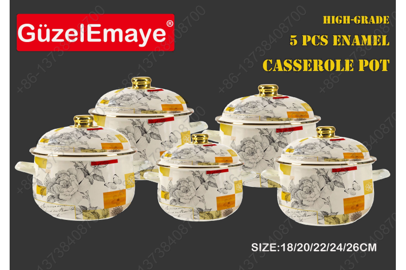 18/20/22/24/26cm 5 Pcs Enamel Casserole Pot With Decal Designs And Enamel Cover & Golden Knobs & Rim