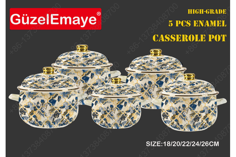 18/20/22/24/26cm 5 Pcs Enamel Casserole Pot With Decal Designs And Enamel Cover & Golden Knobs & Rim