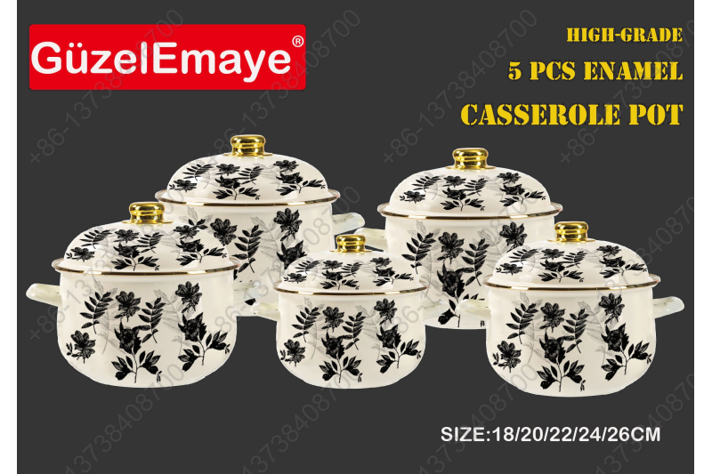 18/20/22/24/26cm 5 Pcs Enamel Casserole Pot With Decal Designs And Enamel Cover & Golden Knobs & Rim