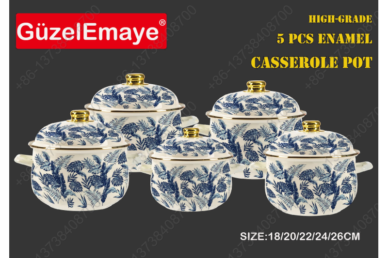 18/20/22/24/26cm 5 Pcs Enamel Casserole Pot With Decal Designs And Enamel Cover & Golden Knobs & Rim