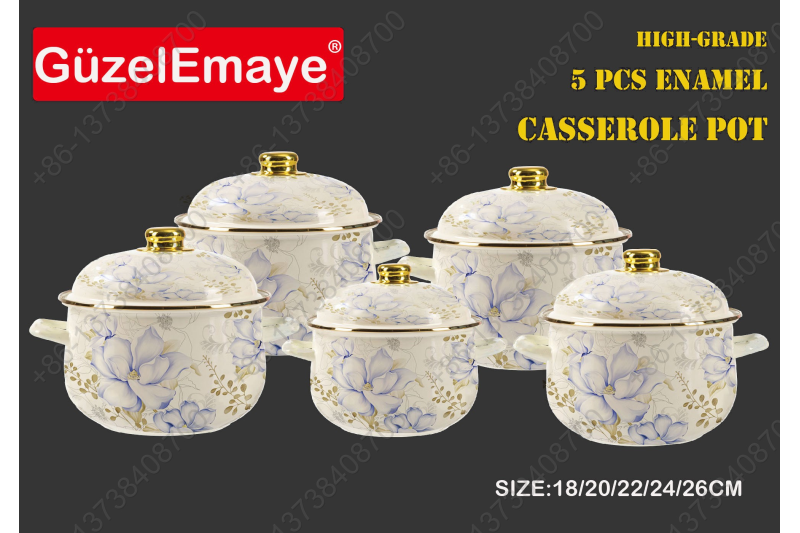 18/20/22/24/26cm 5 Pcs Enamel Casserole Pot With Decal Designs And Enamel Cover & Golden Knobs & Rim