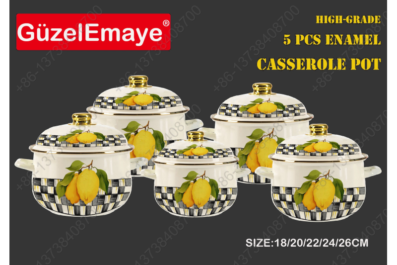 18/20/22/24/26cm 5 Pcs Enamel Casserole Pot With Decal Designs And Enamel Cover & Golden Knobs & Rim