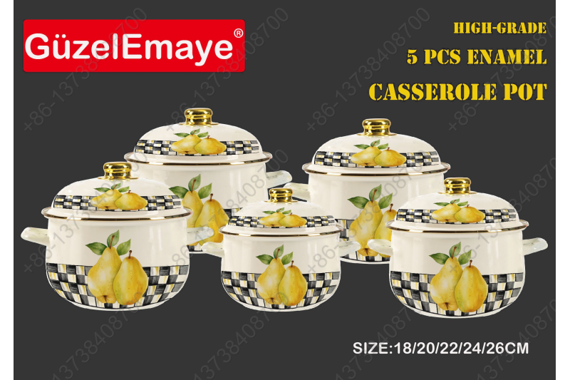18/20/22/24/26cm 5 Pcs Enamel Casserole Pot With Decal Designs And Enamel Cover & Golden Knobs & Rim