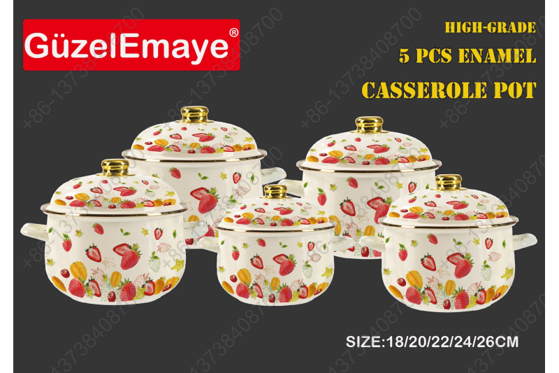 18/20/22/24/26cm 5 Pcs Enamel Casserole Pot With Decal Designs And Enamel Cover & Golden Knobs & Rim