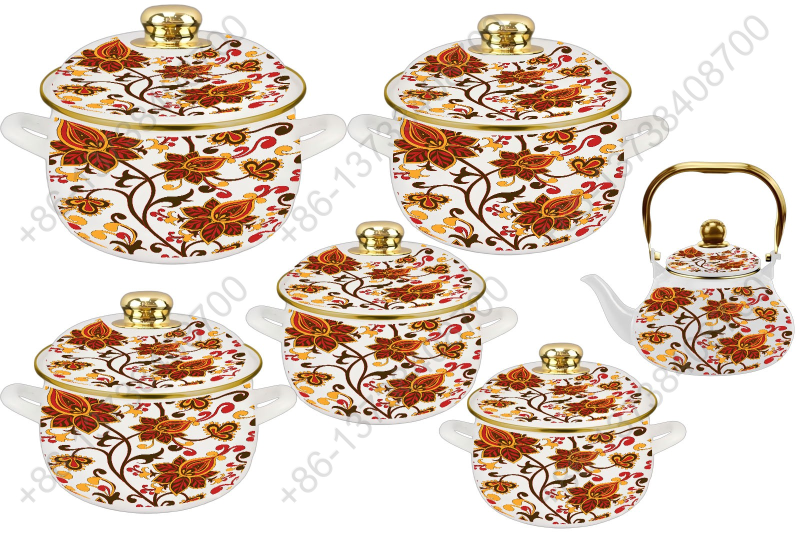 1.5L/ 18/20/22/24/26cm 6Pcs Enamel Casserole Set With Decal Designs And Enamel Cover & Golden Knobs & Rim