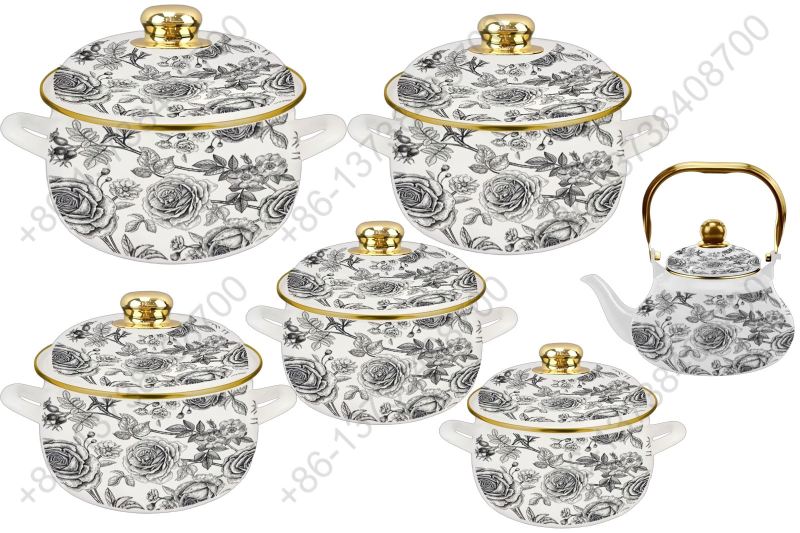 1.5L/ 18/20/22/24/26cm 6Pcs Enamel Casserole Set With Decal Designs And Enamel Cover & Golden Knobs & Rim
