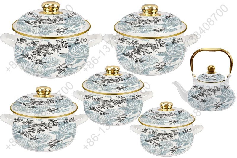 1.5L/ 18/20/22/24/26cm 6Pcs Enamel Casserole Set With Decal Designs And Enamel Cover & Golden Knobs & Rim