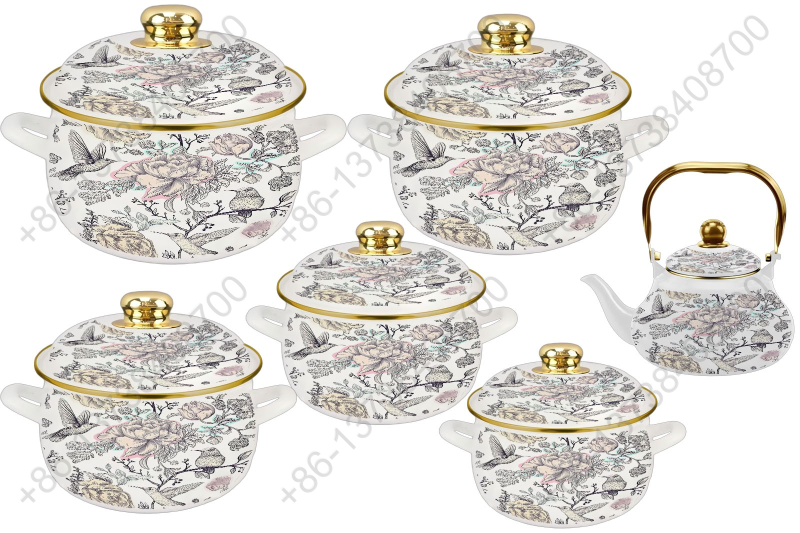 1.5L/ 18/20/22/24/26cm 6Pcs Enamel Casserole Set With Decal Designs And Enamel Cover & Golden Knobs & Rim