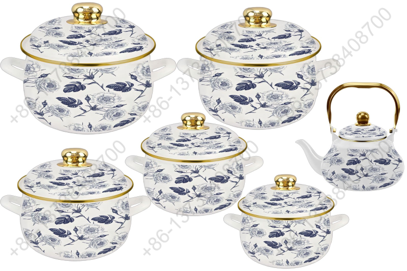 1.5L/ 18/20/22/24/26cm 6Pcs Enamel Casserole Set With Decal Designs And Enamel Cover & Golden Knobs & Rim