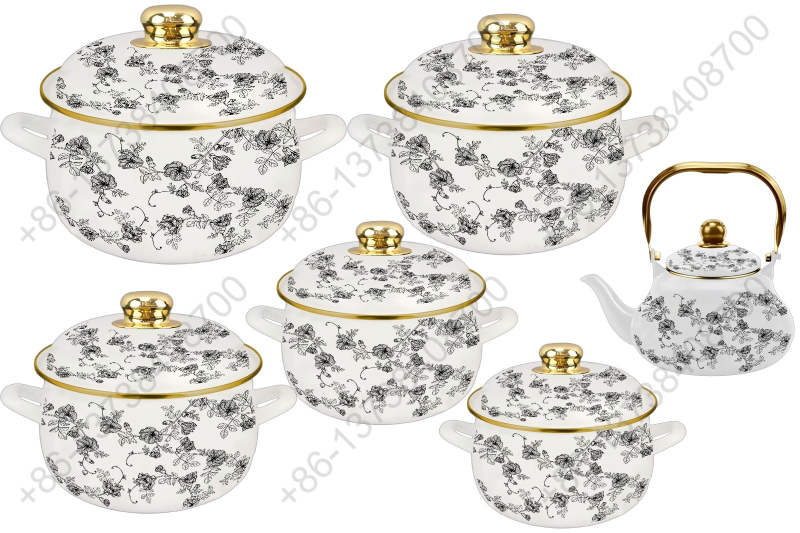 1.5L/ 18/20/22/24/26cm 6Pcs Enamel Casserole Set With Decal Designs And Enamel Cover & Golden Knobs & Rim