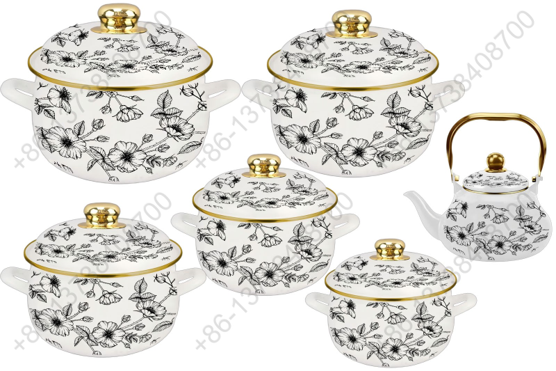 1.5L/ 18/20/22/24/26cm 6Pcs Enamel Casserole Set With Decal Designs And Enamel Cover & Golden Knobs & Rim