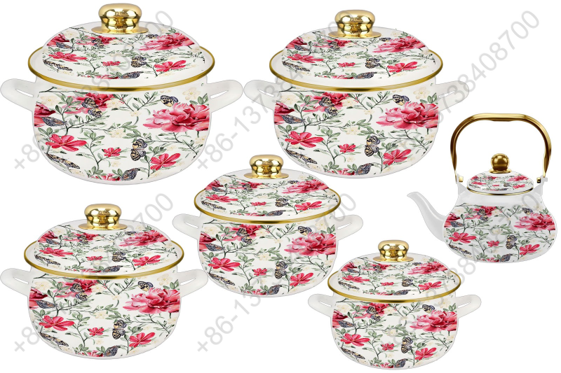 1.5L/ 18/20/22/24/26cm 6Pcs Enamel Casserole Set With Decal Designs And Enamel Cover & Golden Knobs & Rim