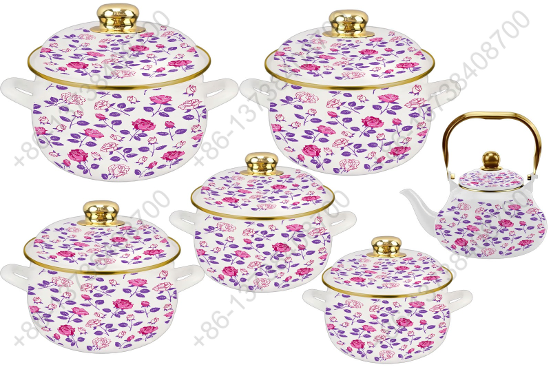 1.5L/ 18/20/22/24/26cm 6Pcs Enamel Casserole Set With Decal Designs And Enamel Cover & Golden Knobs & Rim