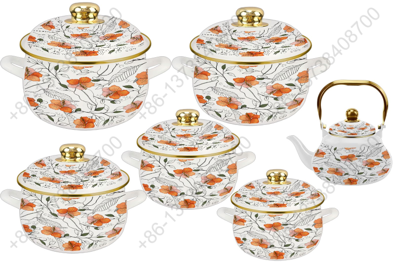 1.5L/ 18/20/22/24/26cm 6Pcs Enamel Casserole Set With Decal Designs And Enamel Cover & Golden Knobs & Rim