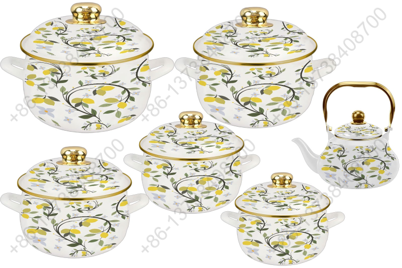 1.5L/ 18/20/22/24/26cm 6Pcs Enamel Casserole Set With Decal Designs And Enamel Cover & Golden Knobs & Rim
