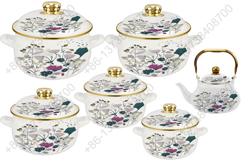 1.5L/ 18/20/22/24/26cm 6Pcs Enamel Casserole Set With Decal Designs And Enamel Cover & Golden Knobs & Rim