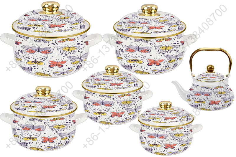 1.5L/ 18/20/22/24/26cm 6Pcs Enamel Casserole Set With Decal Designs And Enamel Cover & Golden Knobs & Rim