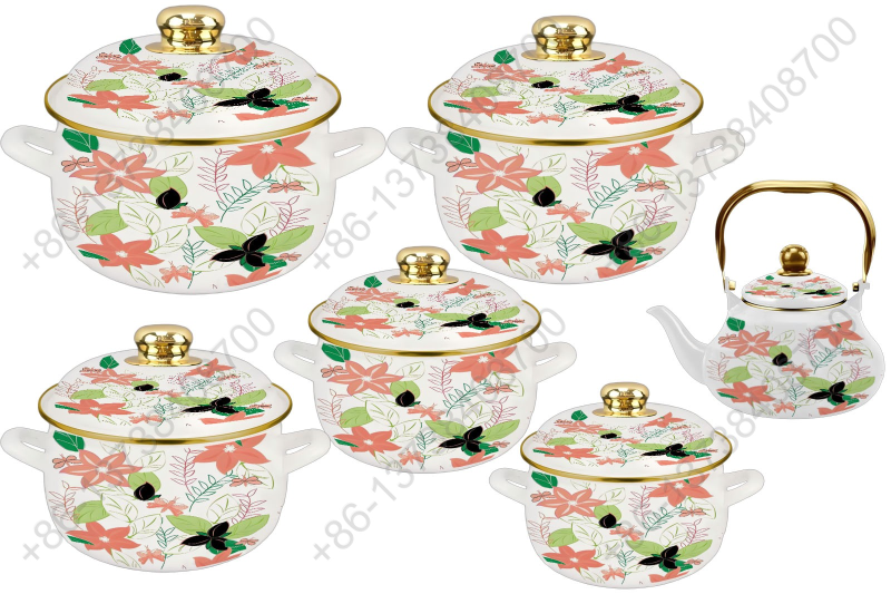 1.5L/ 18/20/22/24/26cm 6Pcs Enamel Casserole Set With Decal Designs And Enamel Cover & Golden Knobs & Rim