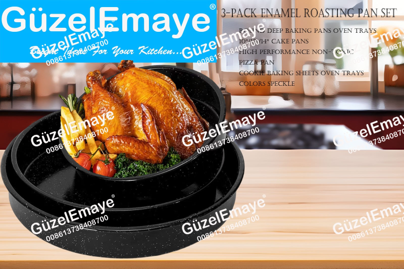3-Pack 26cm-32cm-38cm Enamel Roasting Pan Set Round Deep Baking Pans Oven Trays10