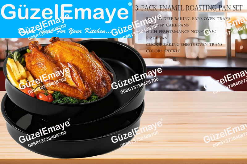 3-Pack 26cm-32cm-38cm Enamel Roasting Pan Set Round Deep Baking Pans Oven Trays10