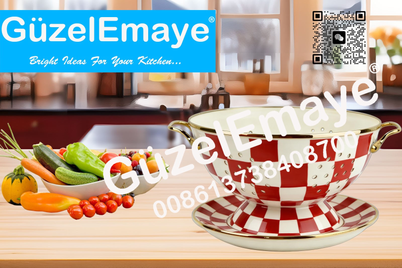 GüzelEmaye Enamel Metal Colander Set Of 2 Pieces 23CM Colander +22CM Plate, Strainer Basket with Handles Perfect For Spaghetti, Pasta, Berry, Vegetable, Fruit