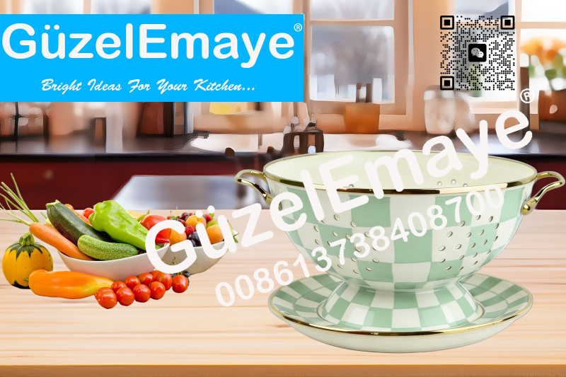 GüzelEmaye Enamel Metal Colander Set Of 2 Pieces 23CM Colander +22CM Plate, Strainer Basket with Handles Perfect For Spaghetti, Pasta, Berry, Vegetable, Fruit