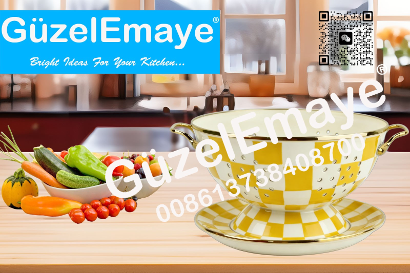 GüzelEmaye Enamel Metal Colander Set Of 2 Pieces 23CM Colander +22CM Plate, Strainer Basket with Handles Perfect For Spaghetti, Pasta, Berry, Vegetable, Fruit