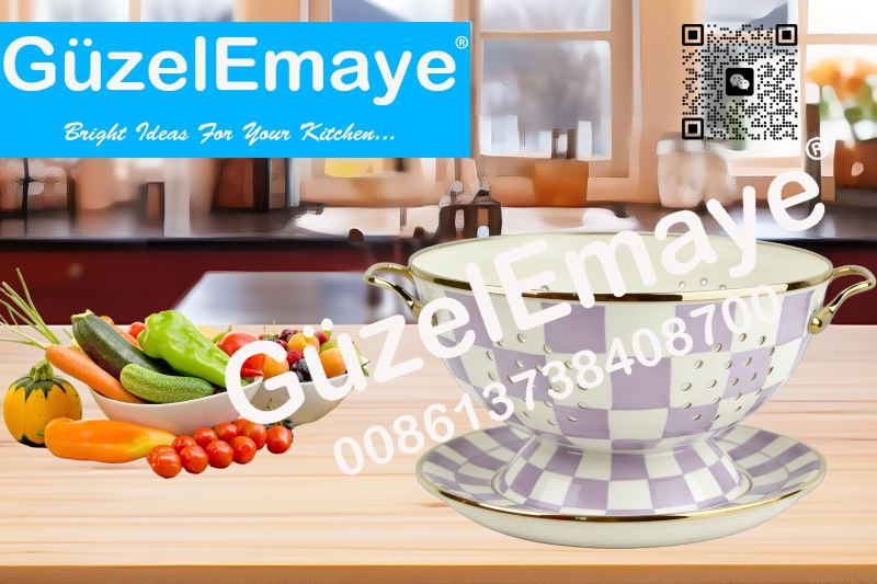 GüzelEmaye Enamel Metal Colander Set Of 2 Pieces 23CM Colander +22CM Plate, Strainer Basket with Handles Perfect For Spaghetti, Pasta, Berry, Vegetable, Fruit