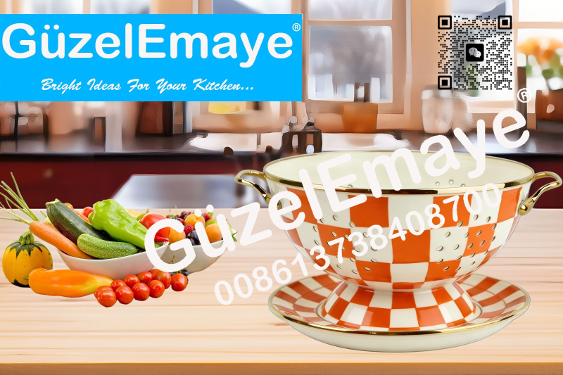 GüzelEmaye Enamel Metal Colander Set Of 2 Pieces 23CM Colander +22CM Plate, Strainer Basket with Handles Perfect For Spaghetti, Pasta, Berry, Vegetable, Fruit