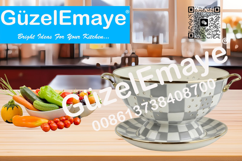 GüzelEmaye Enamel Metal Colander Set Of 2 Pieces 23CM Colander +22CM Plate, Strainer Basket with Handles Perfect For Spaghetti, Pasta, Berry, Vegetable, Fruit