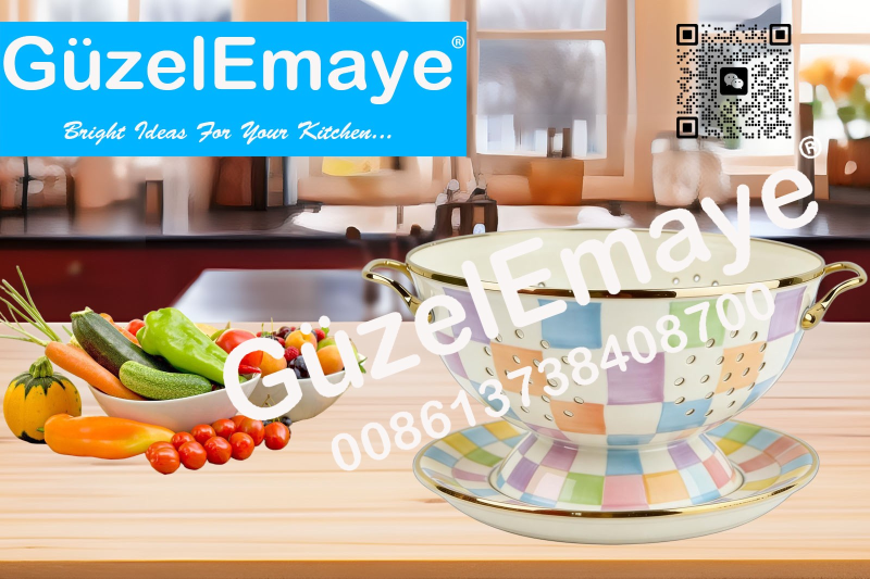GüzelEmaye Enamel Metal Colander Set Of 2 Pieces 23CM Colander +22CM Plate, Strainer Basket with Handles Perfect For Spaghetti, Pasta, Berry, Vegetable, Fruit