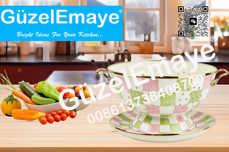 GüzelEmaye Enamel Metal Colander Set Of 2 Pieces 23CM Colander +22CM Plate, Strainer Basket with Handles Perfect For Spaghetti, Pasta, Berry, Vegetable, Fruit
