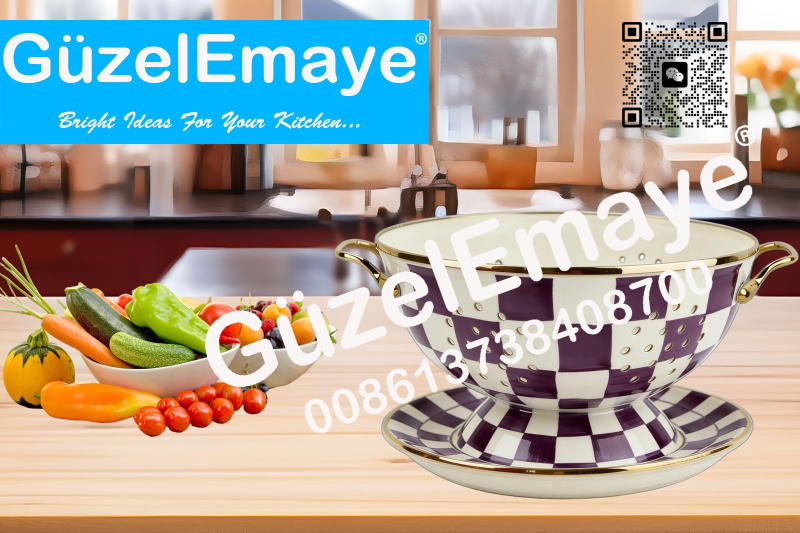 GüzelEmaye Enamel Metal Colander Set Of 2 Pieces 23CM Colander +22CM Plate, Strainer Basket with Handles Perfect For Spaghetti, Pasta, Berry, Vegetable, Fruit