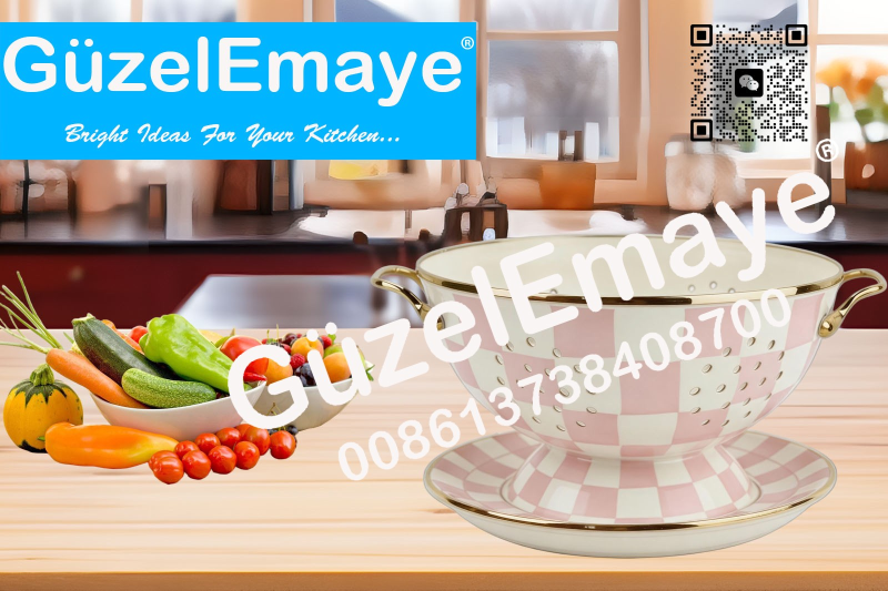 GüzelEmaye Enamel Metal Colander Set Of 2 Pieces 23CM Colander +22CM Plate, Strainer Basket with Handles Perfect For Spaghetti, Pasta, Berry, Vegetable, Fruit