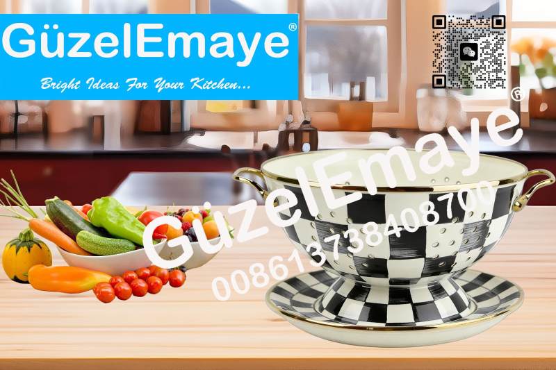 GüzelEmaye Enamel Metal Colander Set Of 2 Pieces 23CM Colander +22CM Plate, Strainer Basket with Handles Perfect For Spaghetti, Pasta, Berry, Vegetable, Fruit