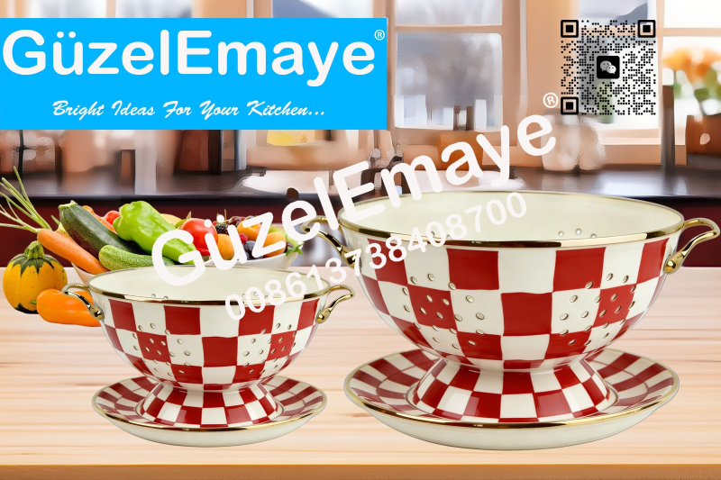 GüzelEmaye Enamel Metal Colander Set Of 2 Pieces Colander+Plate , Strainer Basket with Handles Perfect For Spaghetti, Pasta, Berry, Vegetable, Fruit