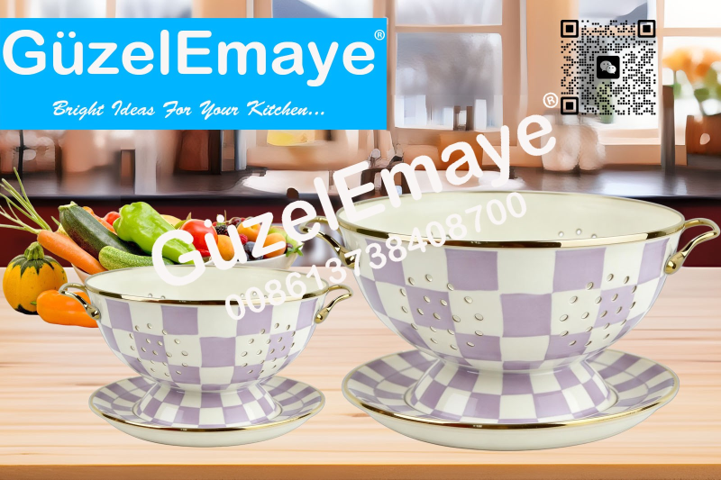 GüzelEmaye Enamel Metal Colander Set Of 2 Pieces Colander+Plate , Strainer Basket with Handles Perfect For Spaghetti, Pasta, Berry, Vegetable, Fruit