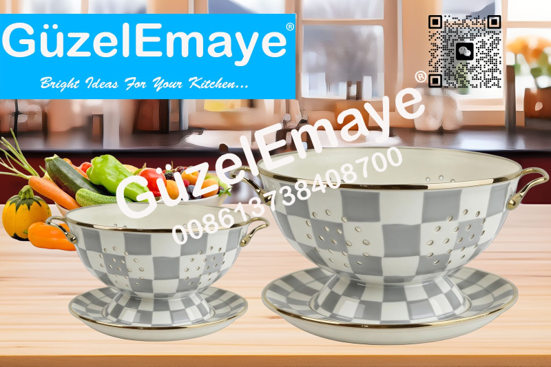 GüzelEmaye Enamel Metal Colander Set Of 2 Pieces Colander+Plate , Strainer Basket with Handles Perfect For Spaghetti, Pasta, Berry, Vegetable, Fruit