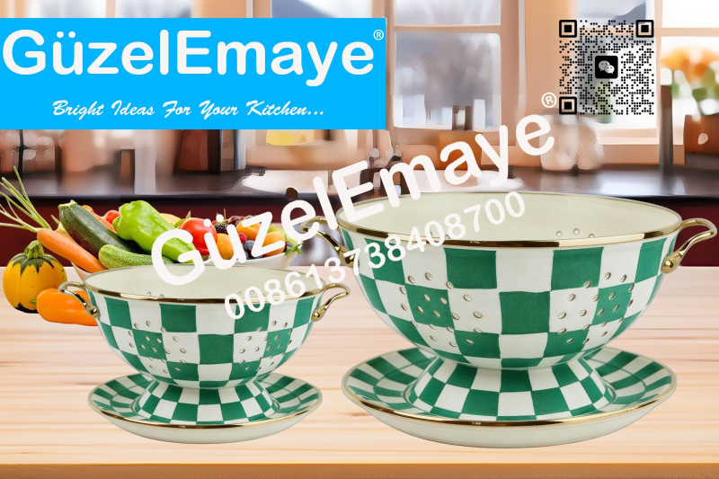 GüzelEmaye Enamel Metal Colander Set Of 2 Pieces Colander+Plate , Strainer Basket with Handles Perfect For Spaghetti, Pasta, Berry, Vegetable, Fruit